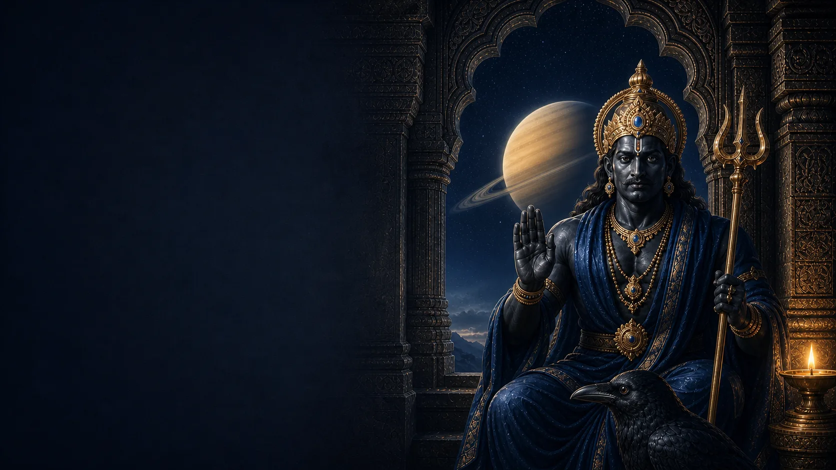 Shani Dev, depicted in devotional artwork, seated beneath the rings of Saturn