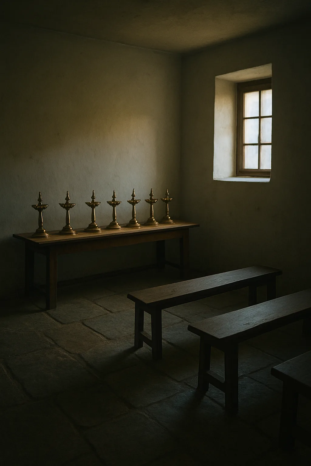 The interior of a small devotional hall at first light