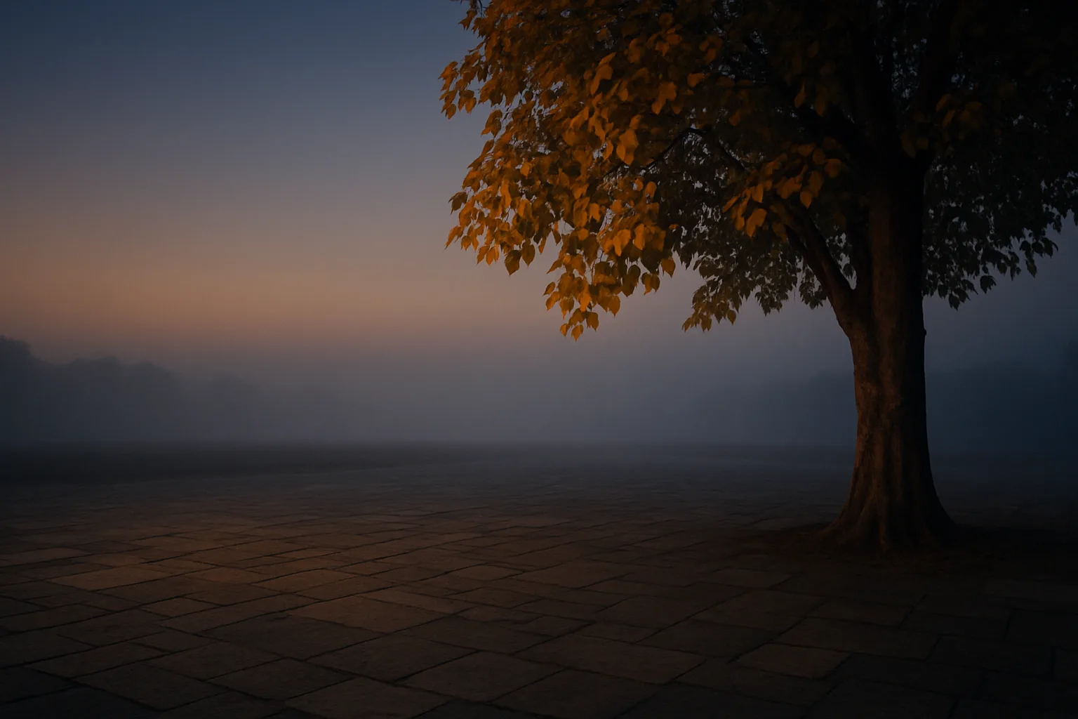 An empty stone courtyard at dawn with a peepal tree
