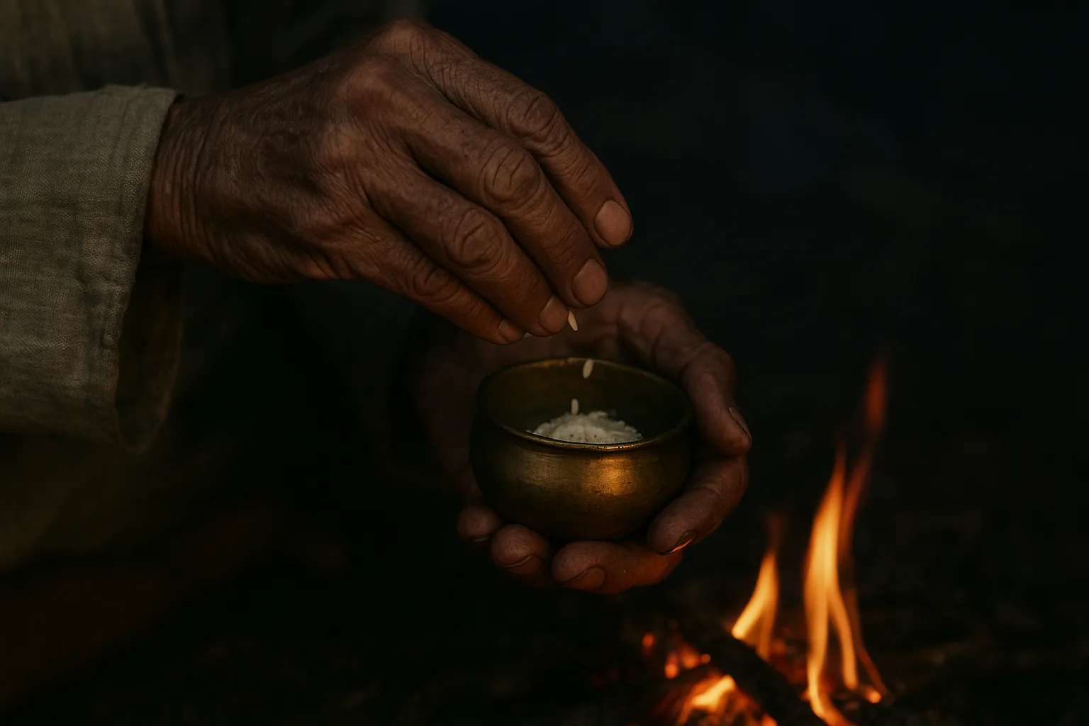 Hands holding a brass vessel and rice above a ritual fire